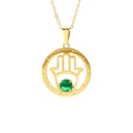 Gold Hamsa necklace with green gemstone pendant on stainless steel chain - Gold Hamsa Hand Style