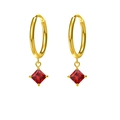 Créoles dorées 18 carats avec un pendentif carré en zircon rouge suspendu - Or Rouge