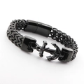 Macro detail of men's black stainless steel anchor bracelet with wheat chain texture - Black Anchor Style (C0011B)