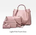 Detail of four-piece light pink handbag set featuring crocodile texture and gold metal handles - Pink