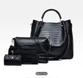 Front view of black 4-piece handbag set with crocodile pattern and golden hardware - Black