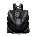 Chic black woven PU leather backpack for women with dual metal zippers and versatile straps - Black