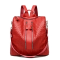 Fashionable bright red woven texture PU leather backpack with silver zippers and shoulder strap - Red