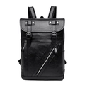 Detailed view of black PU leather backpack featuring twin buckle straps and diagonal zipper - Black