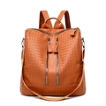Brown woven PU leather backpack for women with dual front zippers and top handle - Brown