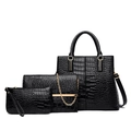 Black crocodile embossed leather handbag set with three pieces and golden hardware - Black