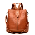Fashionable caramel brown woven leather backpack with anti-theft multi-use design - Brown