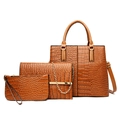 Brown crocodile embossed three-piece set including tote, flap bag, and clutch - Brown
