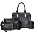 4-piece set of black crocodile pattern handbags including tote, crossbody bag and wallet - Black