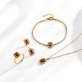 Luxury 4-piece jewelry set with rectangular red zircon pendant in gold plating - 4-Piece Set (Necklace Bracelet Ring Earrings)