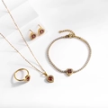 Golden jewelry set with heart-shaped red stones featuring a necklace, bracelet, and ring - 4-Piece Set (Necklace Bracelet Ring Earrings)