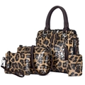 Modisches 4-teiliges Damen-Taschenset mit Leopardenmuster, Kroko-Prägung und Katzenanhänger - Gelb