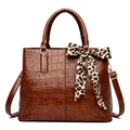 Brown crocodile embossed handbag with leopard print silk scarf and gold hardware - Brown