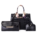 Three-piece black crocodile pattern handbag set with Kelly style bag, wallet and card holder - Black