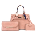 Pink faux crocodile leather handbag set with silk scarf handle and gold turn-lock - Pink
