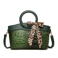 Dark green crocodile pattern handbag with leopard print scarf and top handle - Green