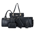 6-piece black crocodile pattern tote bag set with golden hardware and luxury finish - Black