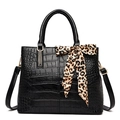 Black crocodile embossed handbag with leopard print silk scarf and shoulder strap - Black