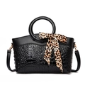 Retro black crocodile embossed handbag with bow handle and leopard print scarf - Black