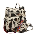 Mochila de cuero con estampado de vaca, correa tejida colorida y múltiples cremalleras - Estampado de Vaca Beige