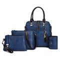 Blauwe vierdelige handtassenset voor dames met ruitpatroon en kattenkwastje hangertje - Blauw