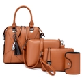 Brown faux leather 4-piece handbag set including tote with cat charm and tassel straps - Brown