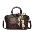 Dark brown faux leather crossbody bag with crocodile texture and leopard silk bow - Coffee