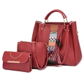 Three-piece burgundy faux leather tote set with ethnic strap and gold hardware - Burgundy