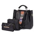 Three-piece black synthetic leather bag set with colorful ethnic ribbon and tassel - Black