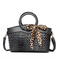 Black crocodile embossed tote bag with round handle and leopard print silk scarf - Gray