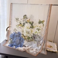 Detailed view of semi-transparent peony floral scarf with elegant vintage lace edges - Khaki Border Realistic Peony / XA1-1 Khaki Edge Peony