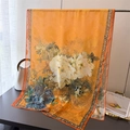 Detail of orange floral silk scarf featuring white peony prints and geometric borders - Orange Embossed Texture Gardenia / XA1-2 Orange Gardenia