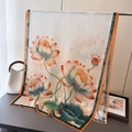 Detail of sheer summer scarf featuring elegant peony lotus prints and fine gold-edged embroidery - Chinese Style Painted Lotus / XA1-3 Lotus