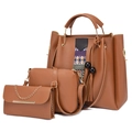 Brown 3-piece tote bag set with ethnic geometric strap and golden chain strap - Brown