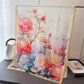 Close-up of floral print silk scarf featuring peony patterns and yellow stitched edges - Impressionist Camellia Pink / XA1-4 Pink Camellia