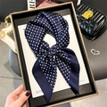 Navy blue polka dot silk scarf tied in a bow on a gift box for a luxury aesthetic - Navy Blue Polka Dot (FG11-3)