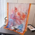 Detail of sheer silk scarf with peony flowers and butterfly prints in vibrant colors - 180x70cm / Orange