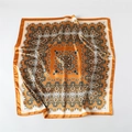 Orange satin square scarf with paisley print and retro geometric patterns on grey background - Yellow (FT266-1)