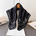Black paisley print square scarf in lightweight cotton-linen style with star patterns - One Size / Black (FR85-1)