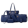 6-piece navy blue synthetic leather bag set with golden hardware and tote bag - Blue