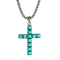 Silver square link chain necklace with emerald green zircon cross pendant for women - Green Zirconia