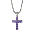 Silver titanium steel necklace featuring a cross pendant with 11 purple square zircons - Purple Zirconia