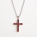 Silver box chain necklace with red square-cut zircon stones in a cross pendant - Red Zirconia