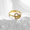 Gold heart ring with LOVE engraving and white zircon inlay on white stone - Heart LOVE Open Ring (R0043)