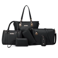 Black synthetic leather 6-piece handbag set with tote, crossbody bag and gold hardware - Black