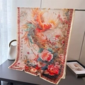 Detailed view of silk scarf featuring colorful phoenix and peony with Chinese calligraphy - Beige