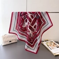 Detailed view of large square silk scarf with classic red and white equestrian pattern - 68x68cm / FR95-4 Red