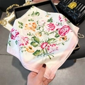 Elegant silk scarf with colorful floral print and pink borders on beige background - 70cmx70cm / Pink