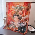 Elegant Chinese silk scarf with classical illustration and floral pattern for women - Orange Red (XA11-1)