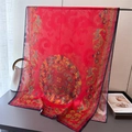 Close-up of red silk shawl with Chinese phoenix prints and golden floral patterns - Red (XA11-2)